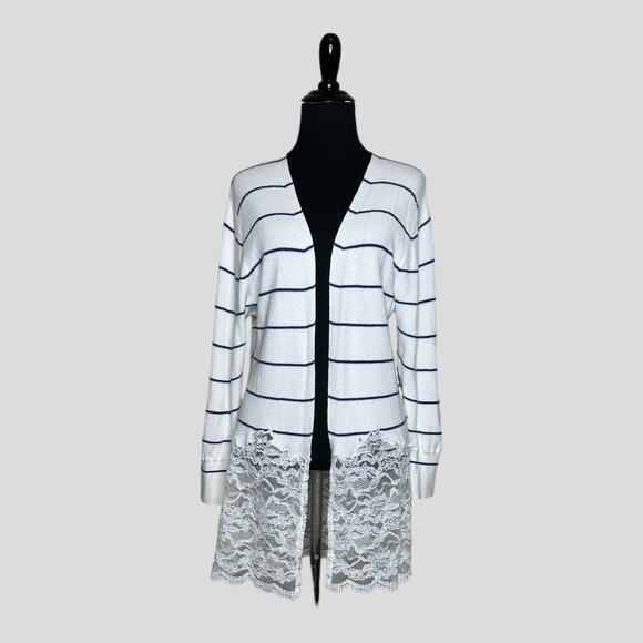 Snidel white blue striped long sleeves lace hem open front cardigan size F - OS - Picture 12 of 13
